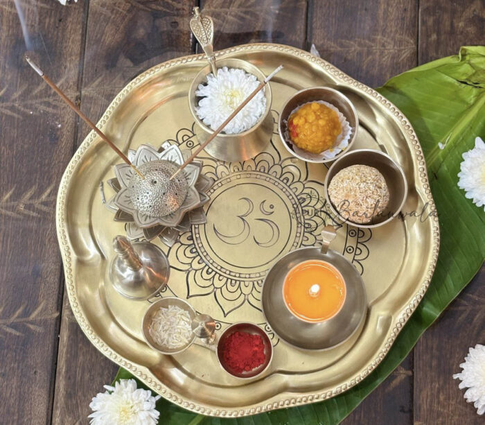 Om Sanatan Brass/Pital Pooja Thali Set of 9 Pcs