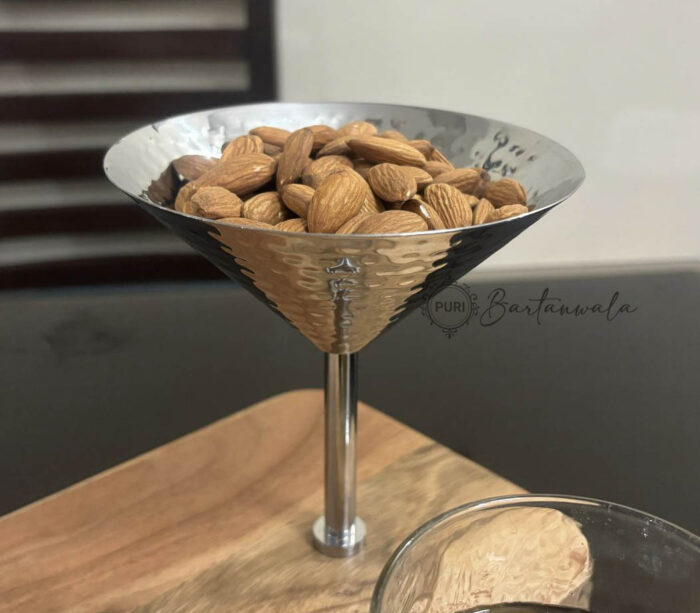 Stainless Steel Martini Style 2 Nuts Bowl with Hammered Pattern