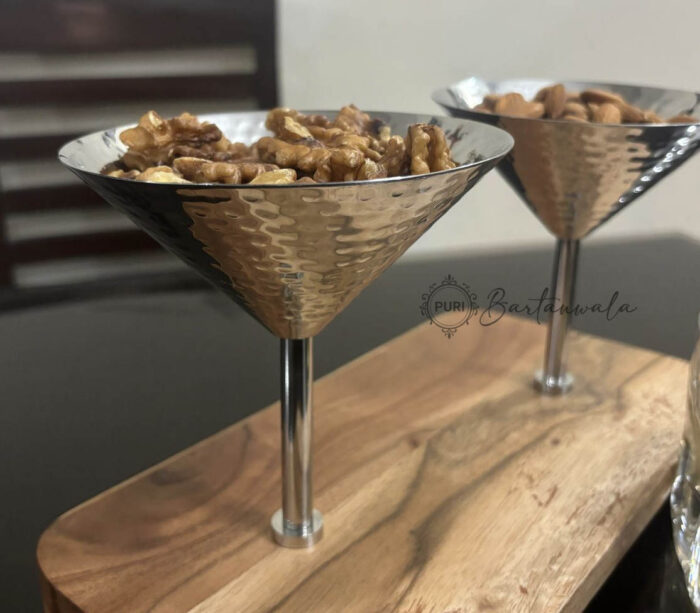 Stainless Steel Martini Style 2 Nuts Bowl with Hammered Pattern