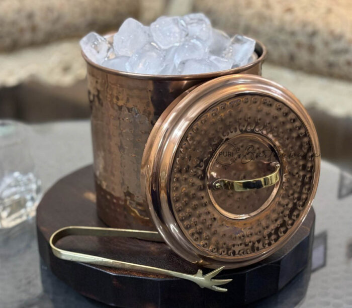 Ariel Ice Bucket - Stainless Steel, Hammered Copper, Brass Tong